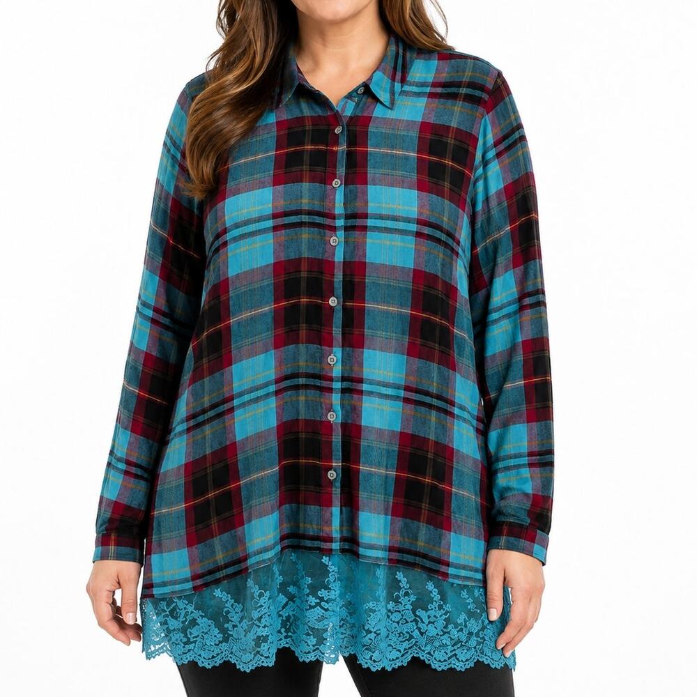 Soft Surroundings Adeline Plaid Lace Hem Tunic Womens L Button Front Boho Shirt